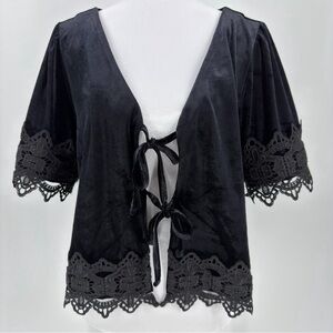 Calligraphie Black Velvet Tie Front Lace Trim Boho Cottage Coquette Festival‎ M